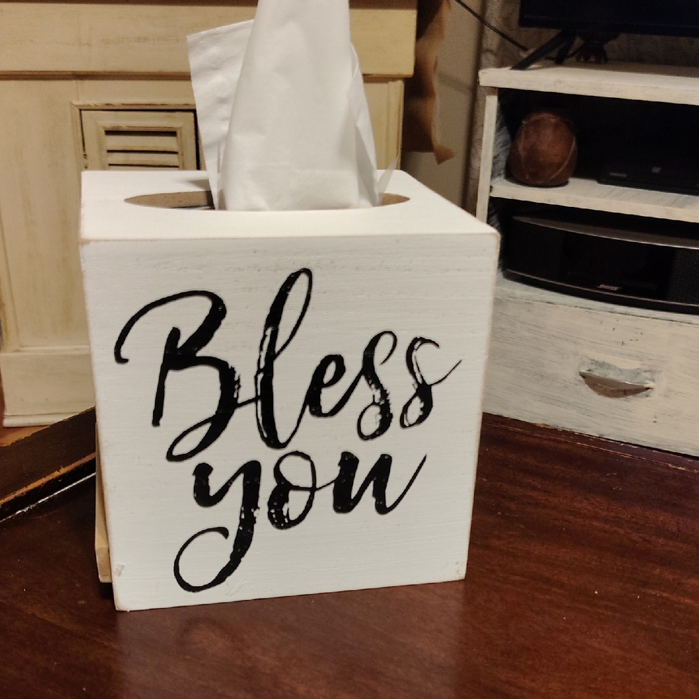White Tissue Box Holder with 'Bless You' Have 2 Brand New In Box Never Open